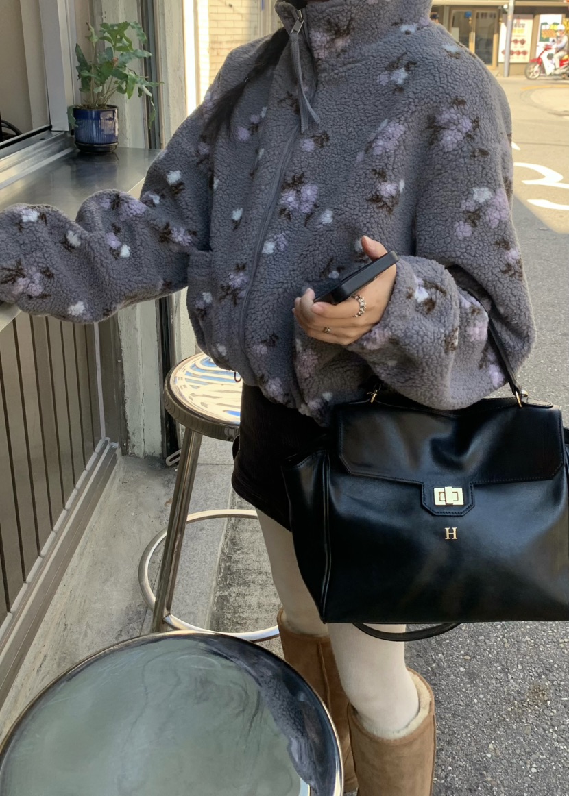 OUPPT東大門實拍26秋冬復古花卉羊羔毛立領夾克拉鏈開合立領落OUPPT夾克
