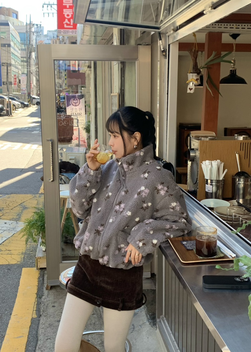 OUPPT東大門實拍26秋冬復古花卉羊羔毛立領夾克拉鏈開合立領落OUPPT夾克圖色2