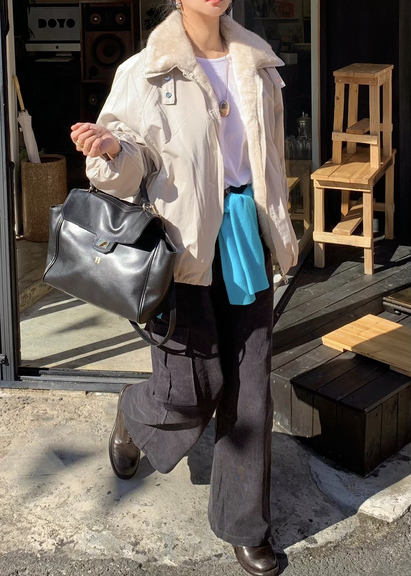 OUPPT韓國直郵26秋冬燈芯絨工裝闊腿休閑褲燈芯絨口袋工裝寬松OUPPT休閑褲