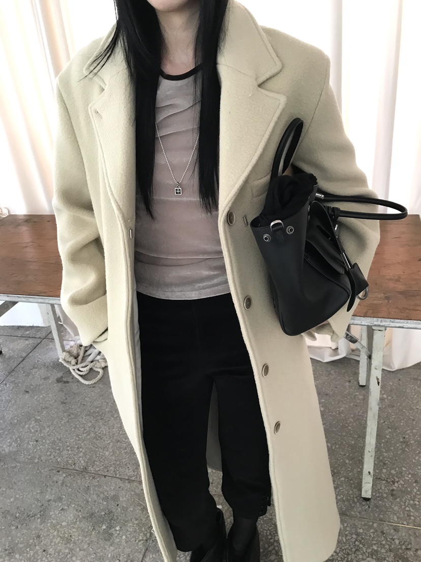 OVERK韓國直郵26秋冬中長款毛呢大衣中長款大衣翻領單排扣直筒OVERK中長款大衣