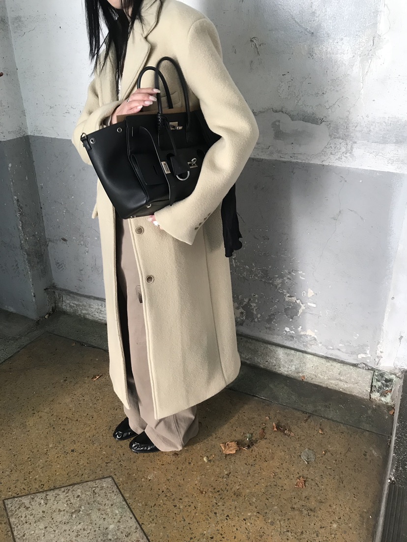 OVERK韓國直郵26秋冬中長款毛呢大衣中長款大衣翻領單排扣直筒OVERK中長款大衣