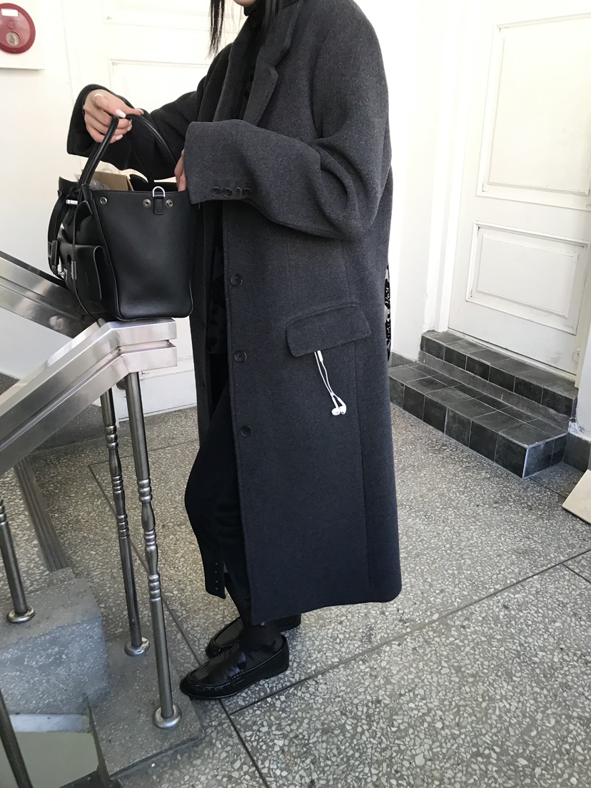 OVERK韓國直郵26秋冬中長款毛呢大衣中長款大衣翻領單排扣直筒OVERK中長款大衣