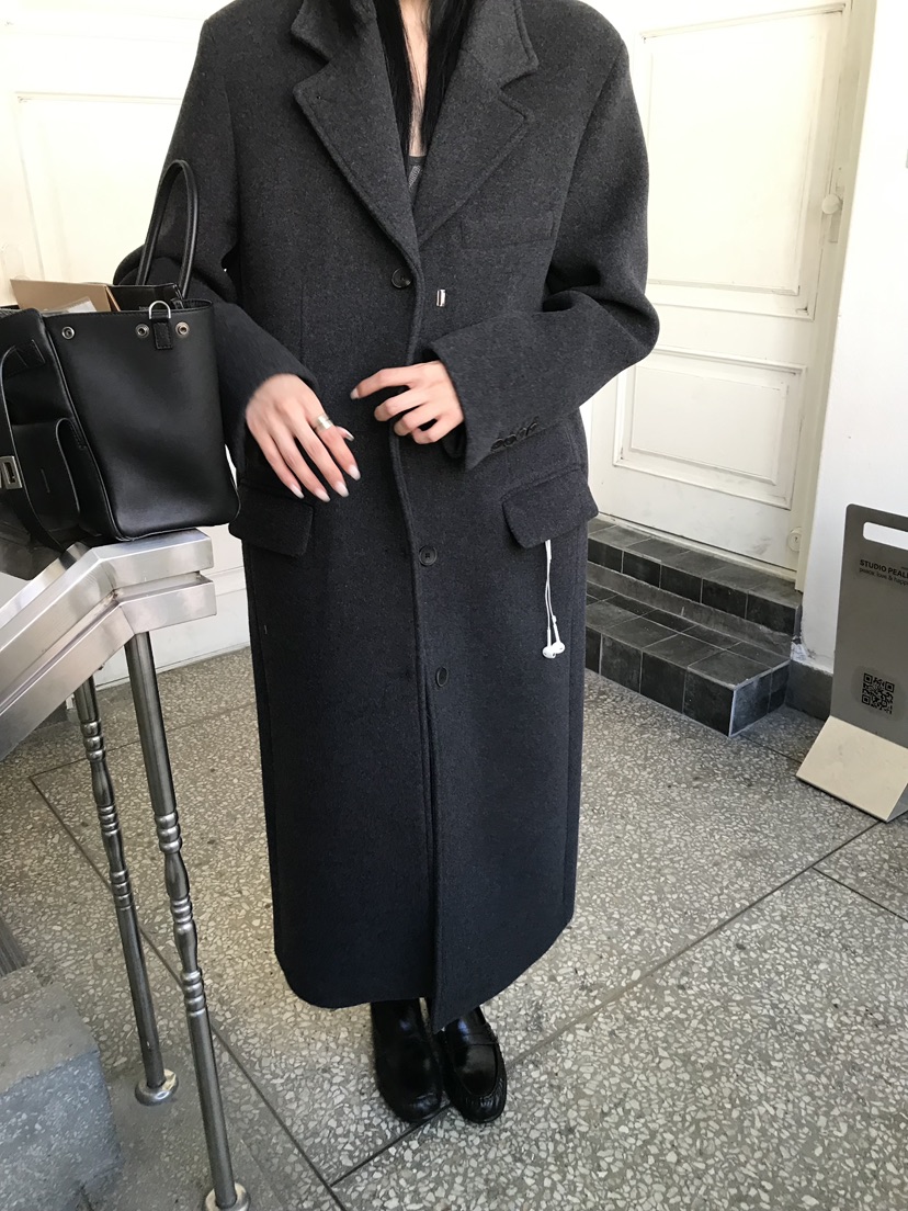 OVERK韓國直郵26秋冬中長款毛呢大衣中長款大衣翻領單排扣直筒OVERK中長款大衣