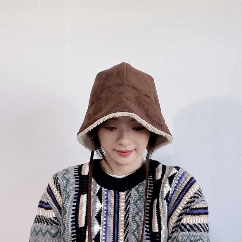 LOVELY HAT東大門代購26秋冬加絨系帶保暖漁夫帽帽子加絨系帶LOVELY HAT帽子