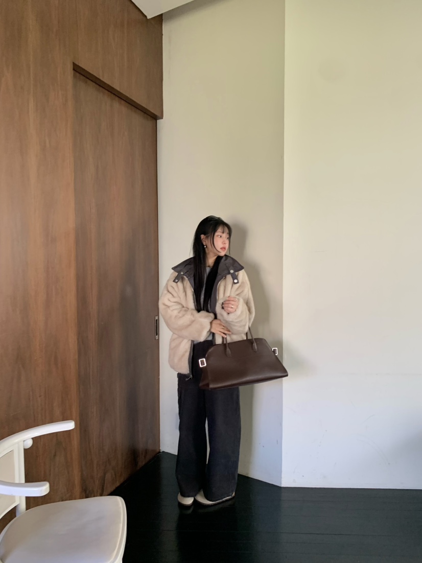 OUPPT韓國代購26秋冬毛領兩面穿寬松夾克兩面穿毛絨落肩翻領寬OUPPT夾克