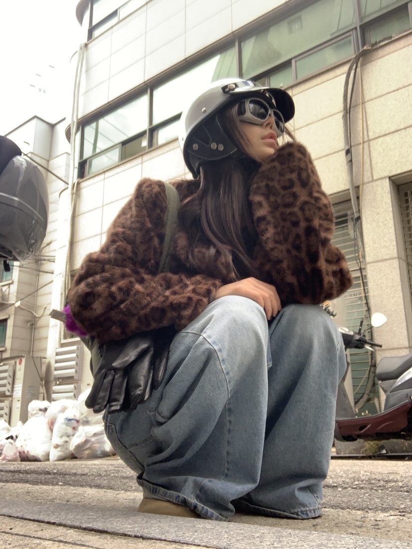 OKIE韓國代購26秋冬圓領短款豹紋毛絨夾克單排扣豹紋短款圓領OKIE夾克