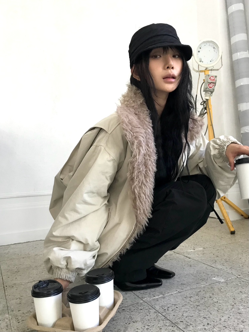 OVERK韓國代購26秋冬毛領立領寬松短款夾克毛領可拆可拆卸口袋OVERK夾克
