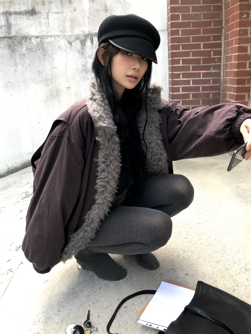 OVERK韓國代購26秋冬毛領立領寬松短款夾克毛領可拆可拆卸口袋OVERK夾克