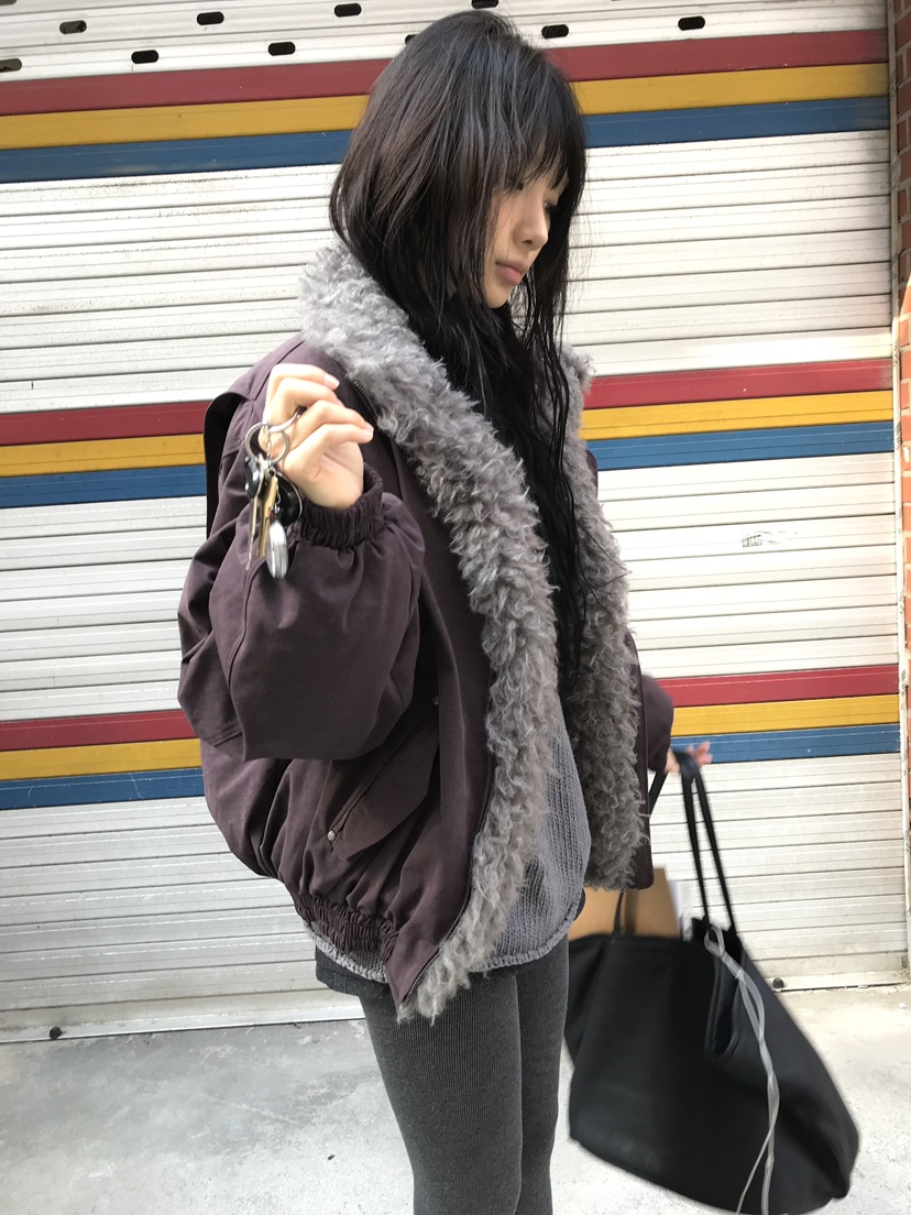 OVERK韓國代購26秋冬毛領立領寬松短款夾克毛領可拆可拆卸口袋OVERK夾克