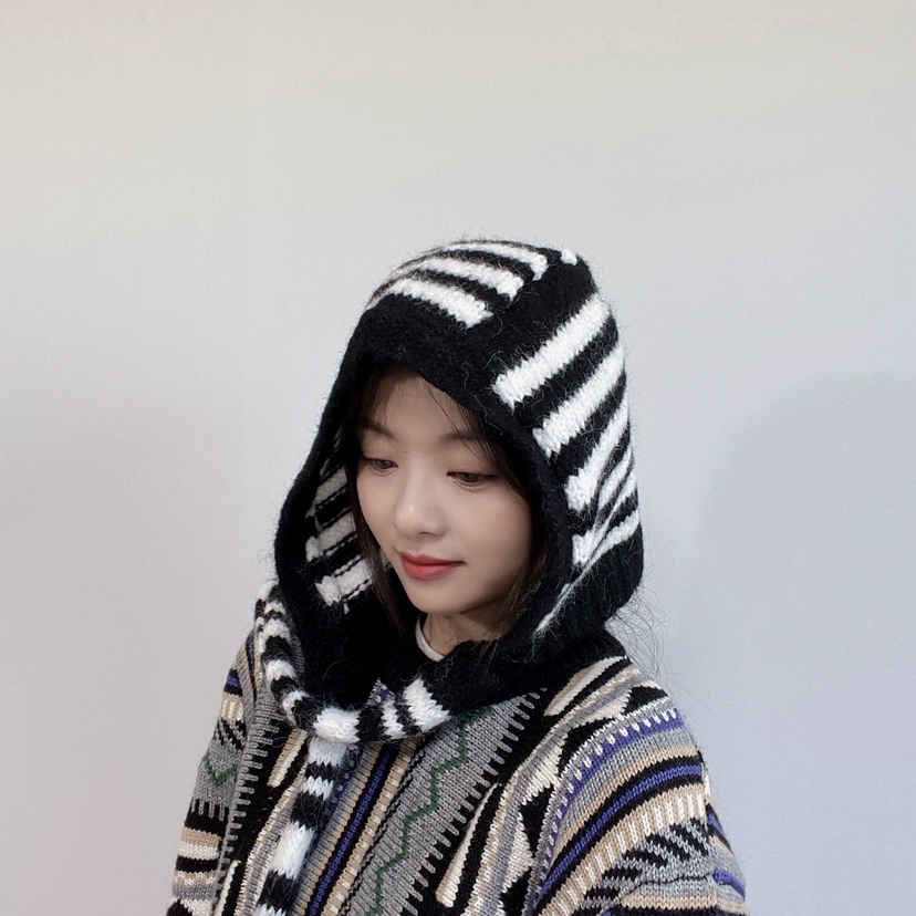LOVELY HAT東大門代購26秋冬針織條紋連帽圍脖帽子條紋LOVELY HAT帽子