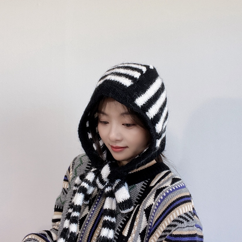 LOVELY HAT東大門代購26秋冬針織條紋連帽圍脖帽子條紋LOVELY HAT帽子