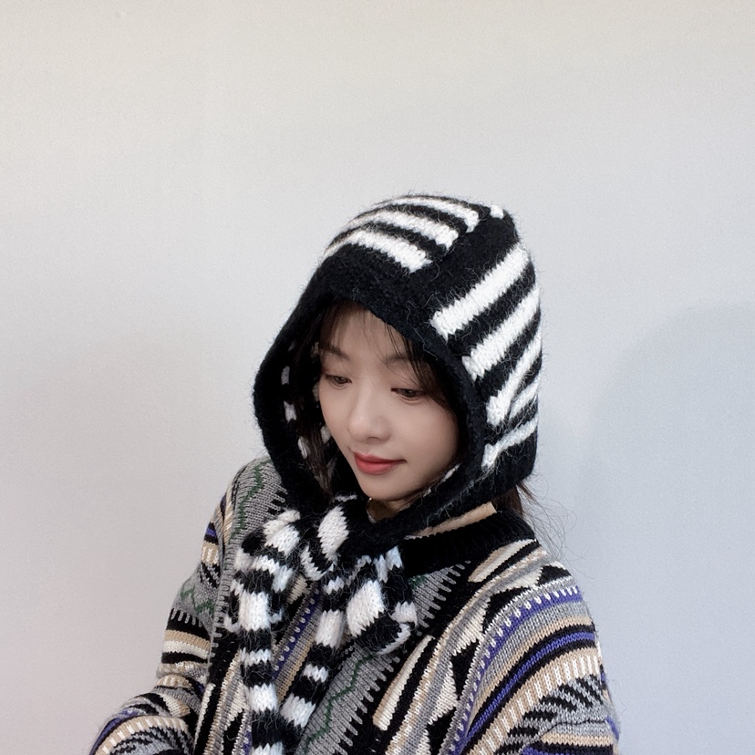 LOVELY HAT東大門代購26秋冬針織條紋連帽圍脖帽子條紋LOVELY HAT帽子