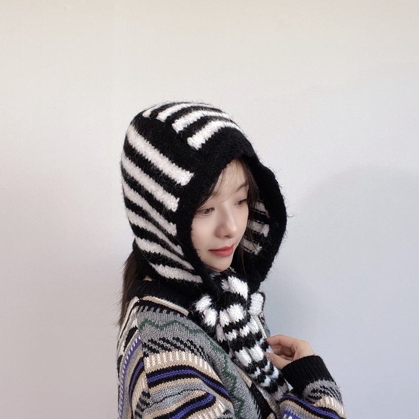 LOVELY HAT東大門代購26秋冬針織條紋連帽圍脖帽子條紋LOVELY HAT帽子