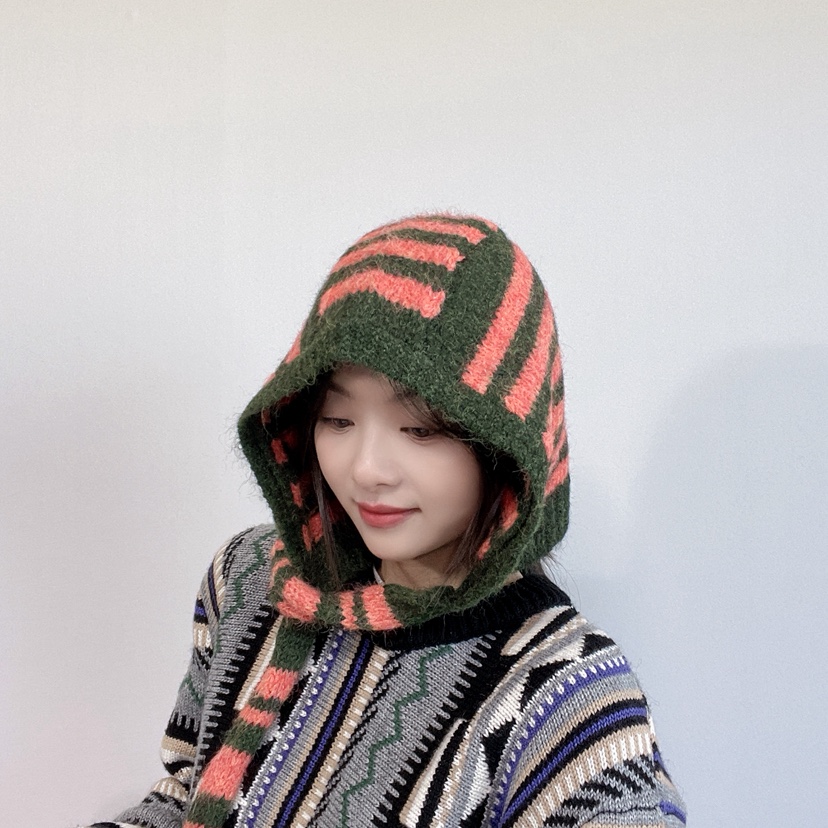 LOVELY HAT東大門代購26秋冬針織條紋連帽圍脖帽子條紋LOVELY HAT帽子