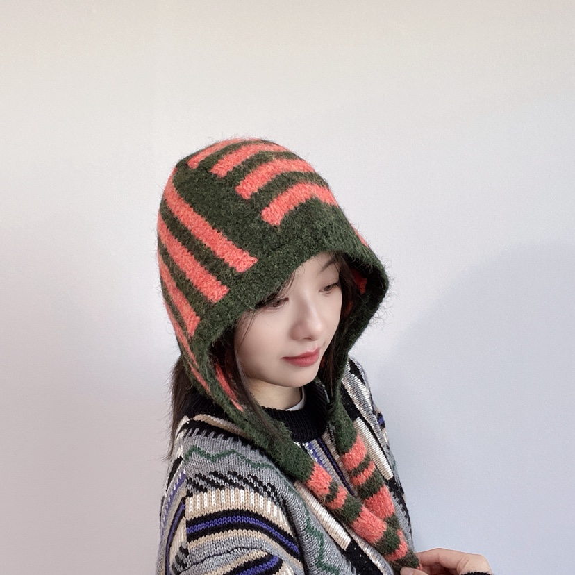 LOVELY HAT東大門代購26秋冬針織條紋連帽圍脖帽子條紋LOVELY HAT帽子