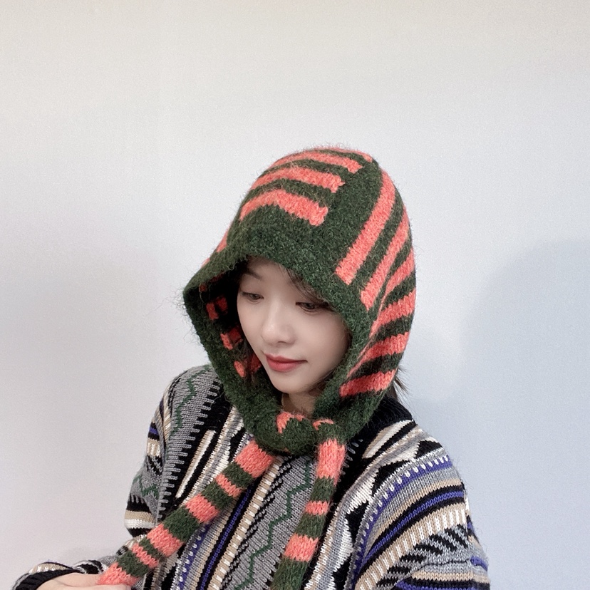 LOVELY HAT東大門代購26秋冬針織條紋連帽圍脖帽子條紋LOVELY HAT帽子