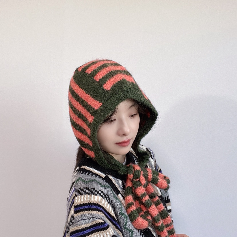 LOVELY HAT東大門代購26秋冬針織條紋連帽圍脖帽子條紋LOVELY HAT帽子