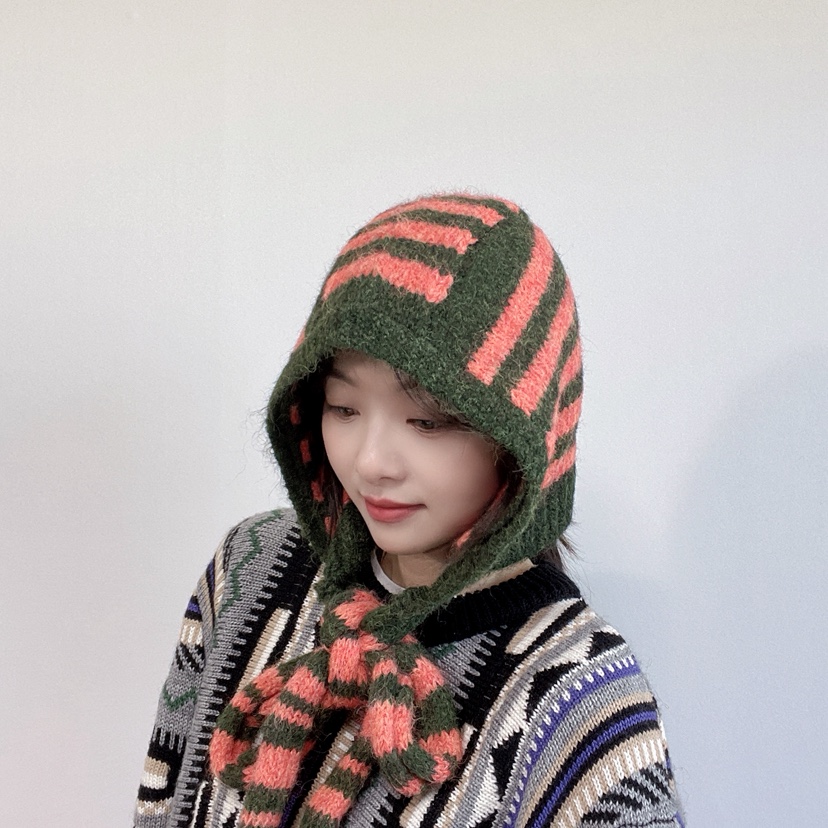 LOVELY HAT東大門代購26秋冬針織條紋連帽圍脖帽子條紋LOVELY HAT帽子