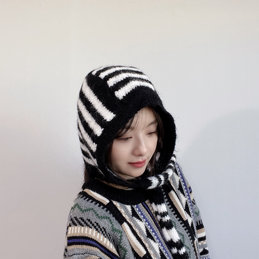 LOVELY HAT東大門代購26秋冬針織條紋連帽圍脖帽子條紋LOVELY HAT帽子圖色1
