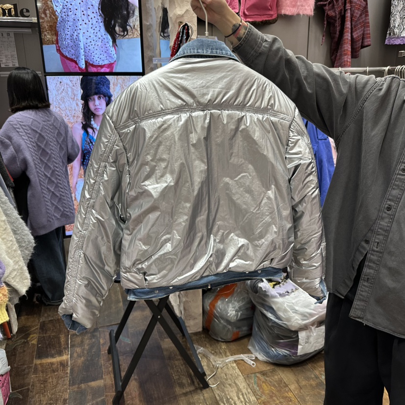 CLODE東大門代購26秋冬亮面牛仔領短款棉服拉鏈開合口袋翻領雙CLODE短款棉服
