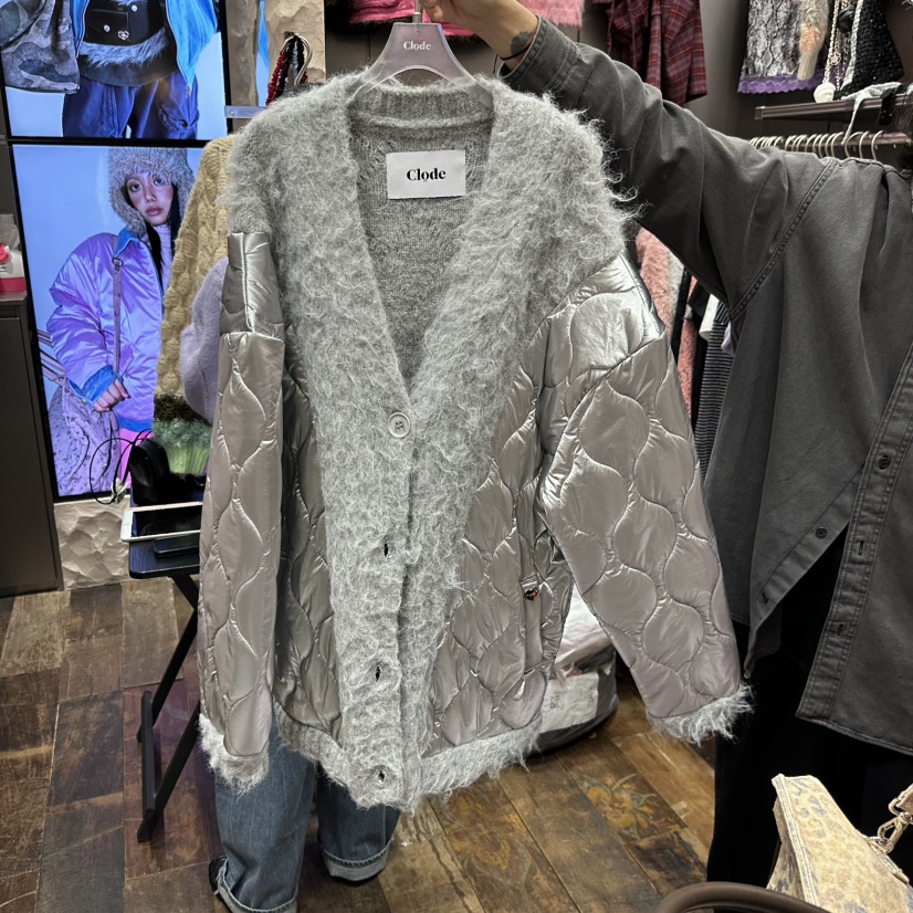 CLODE韓國代購26秋冬毛絨拼接衍縫棉服短款棉服單排扣V領口袋CLODE短款棉服圖色2