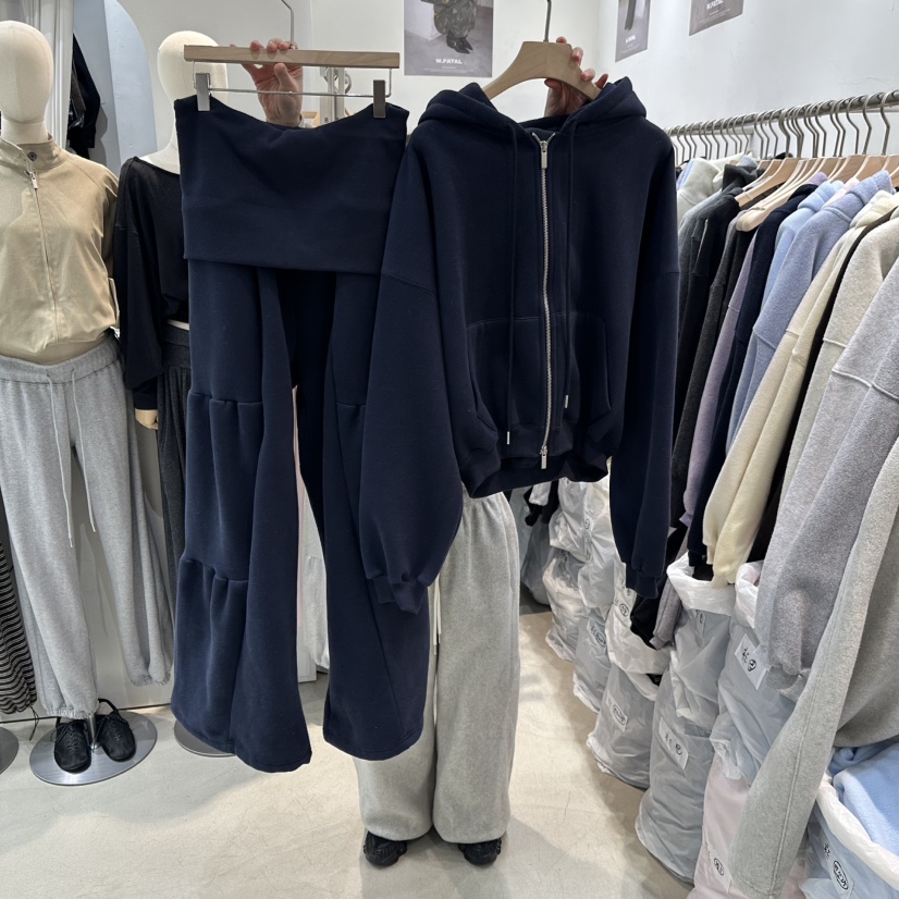 W.FATAL東大門代購26秋冬搖粒絨連帽衛衣套裝闊腿褲拉絨抽繩雙W.FATAL套裝圖色2藏青色