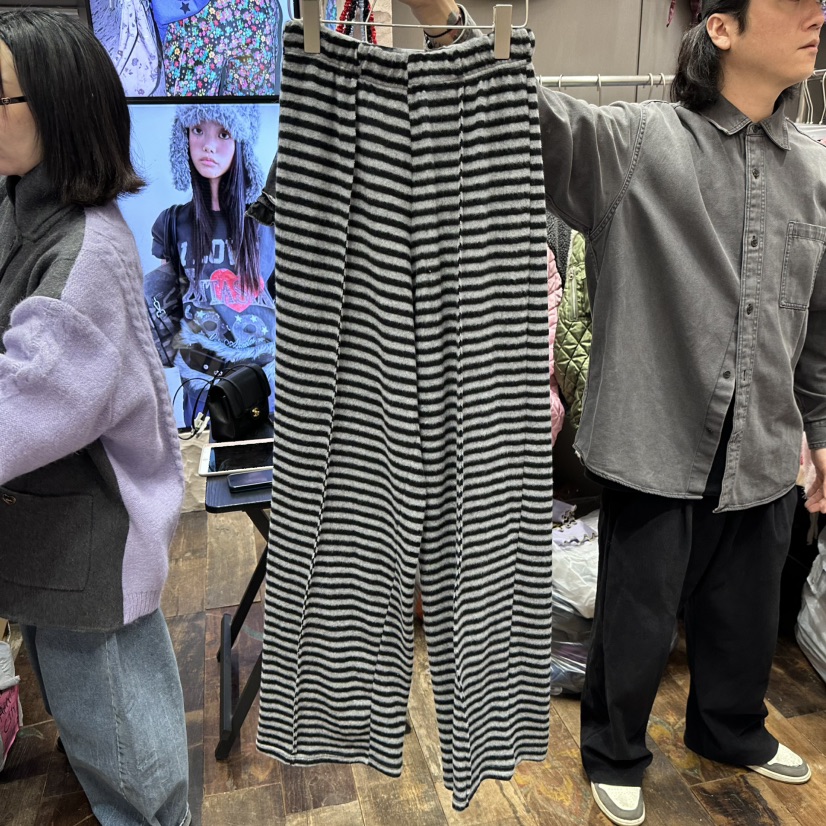 CLODE韓國代購26秋冬條紋針織闊腿休閑褲直筒CLODE休閑褲圖色2黑色