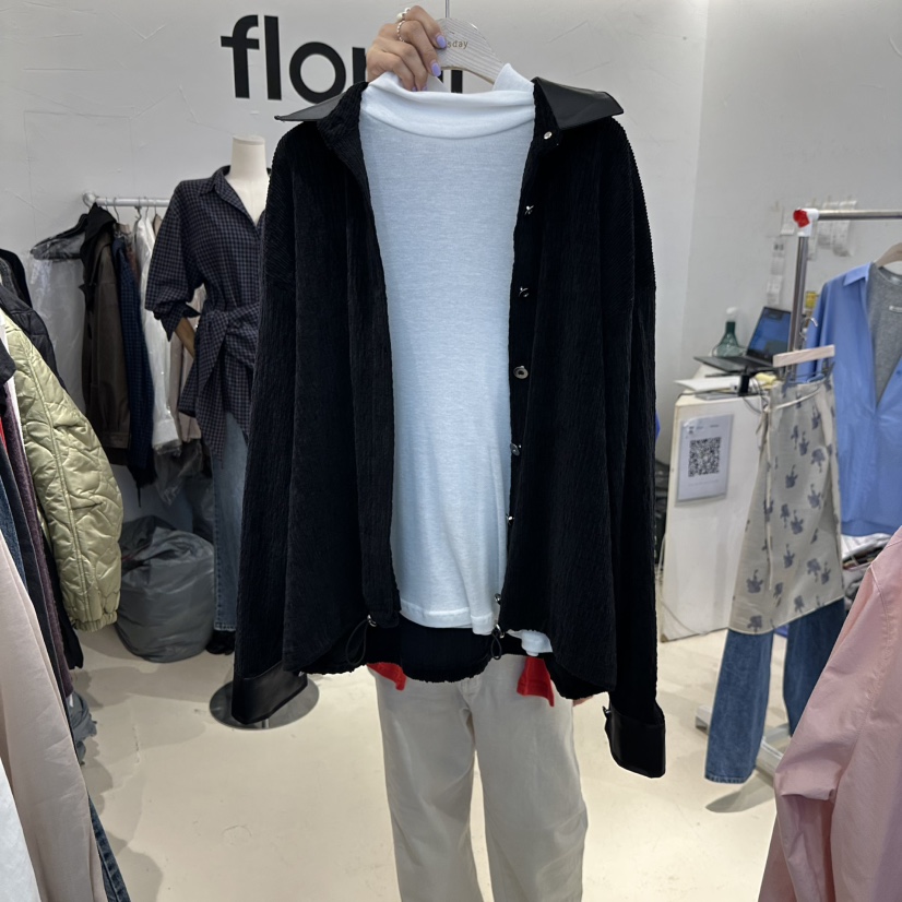 floral韓國直郵26秋冬拼皮燈芯絨夾克不含內搭燈芯絨抽繩落肩floral夾克圖色2