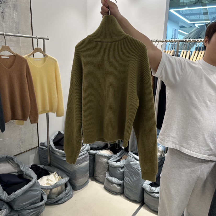 HONG.U韓國代購26秋冬高領拉鏈針織開衫毛衣拉鏈開合高領落肩HONG.U毛衣