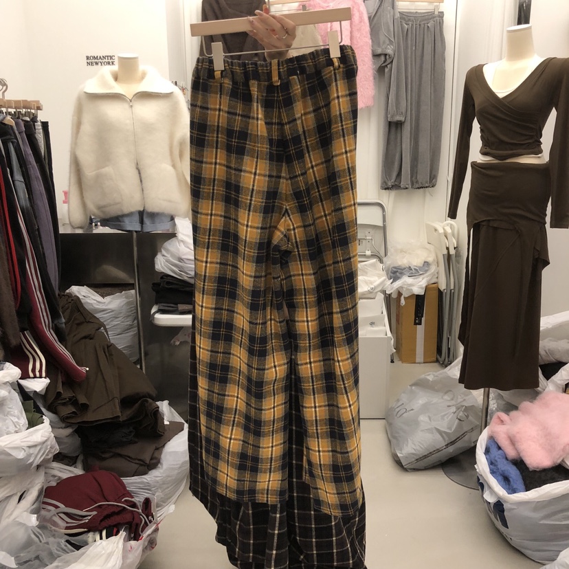 ROMANTIC NEWYORK韓國直郵26秋冬格紋闊腿休閑褲抽繩格子ROMANTIC NEWYORK休閑褲
