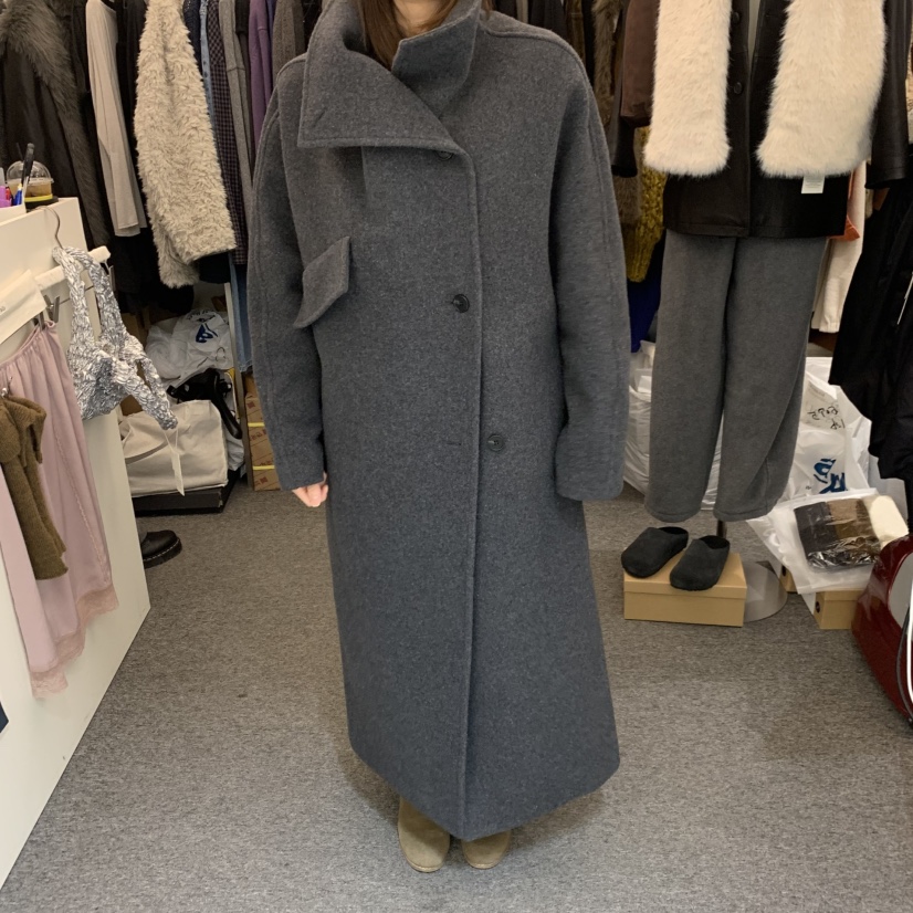 SALONDEMAG韓國直郵26秋冬立領寬松毛呢大衣中長款大衣單排扣SALONDEMAG中長款大衣圖色1深灰