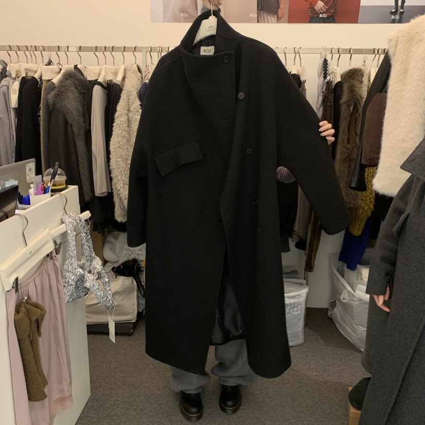 SALONDEMAG韓國直郵26秋冬立領寬松毛呢大衣中長款大衣單排扣SALONDEMAG中長款大衣圖色2黑