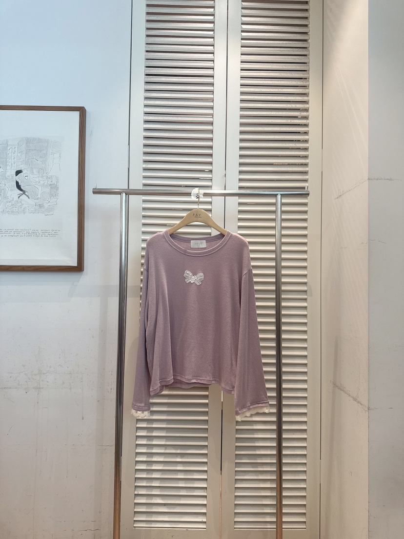 FAVE-L東大門直郵26秋冬蕾絲蝴蝶刺繡長袖T恤刺繡落肩蕾絲圓領FAVE-L長袖T恤圖色2
