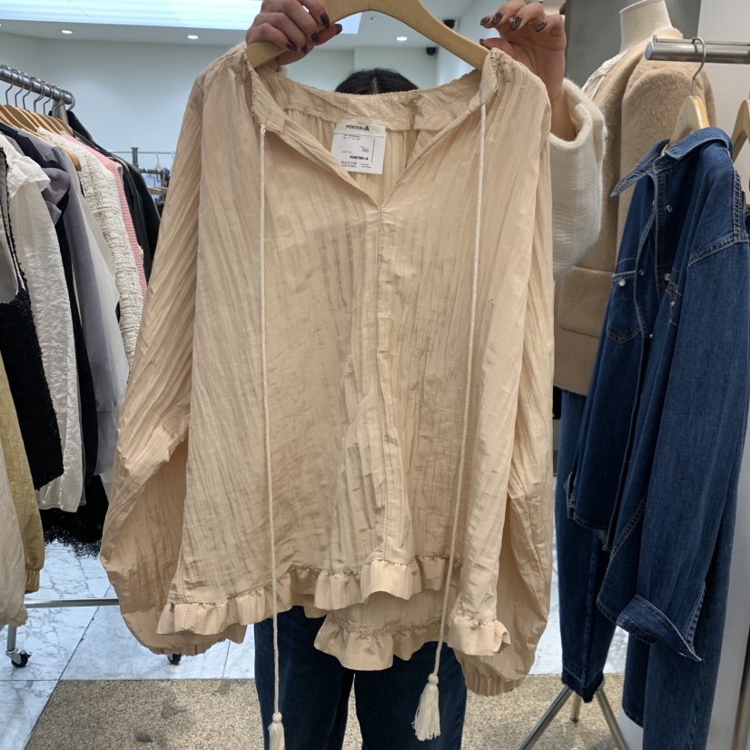 A STORE東大門代購26秋冬褶皺系帶荷葉邊襯衫蕾絲衫荷葉邊系帶A STORE襯衫/蕾絲衫圖色1米