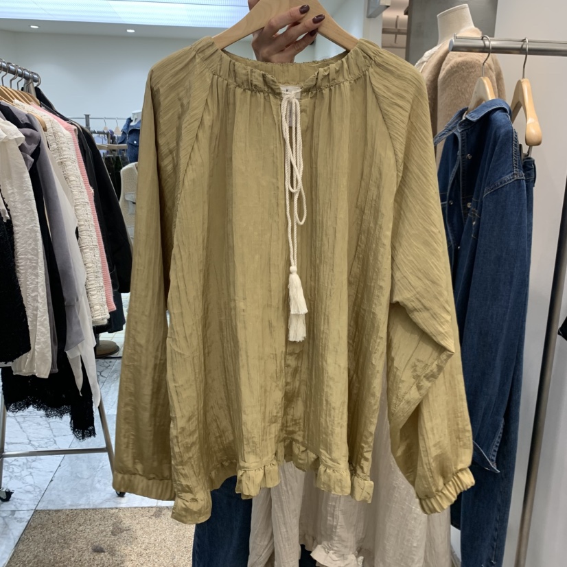 A STORE東大門代購26秋冬褶皺系帶荷葉邊襯衫蕾絲衫荷葉邊系帶A STORE襯衫/蕾絲衫圖色3卡其