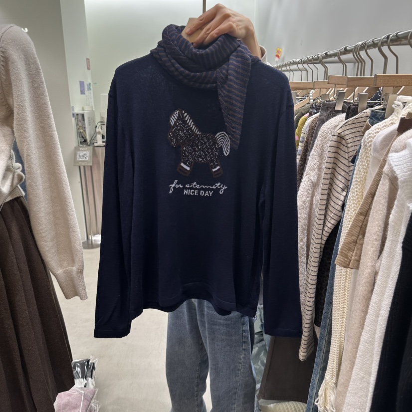 Part.3東大門實拍26秋冬小馬刺繡針織T恤長袖T恤不含披肩刺繡Part.3長袖T恤圖色3藍色