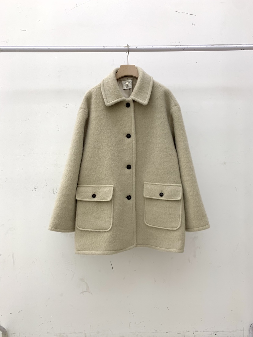 KNOCK東大門代購26秋冬翻領短款毛呢大衣短款大衣黑色落肩翻領KNOCK短款大衣圖色1