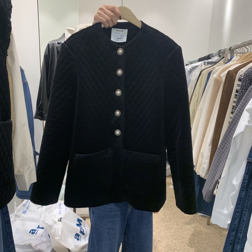 A STORE韓國代購26秋冬圓領絲絨絎縫夾克天鵝絨珍珠圓領夾棉絎A STORE夾克圖色1