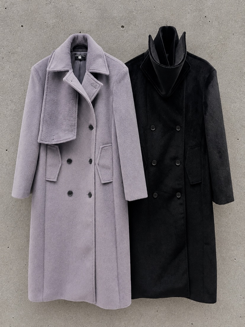 NYLON東大門實拍26秋冬高領雙排扣中長大衣中長款大衣雙排扣系NYLON中長款大衣
