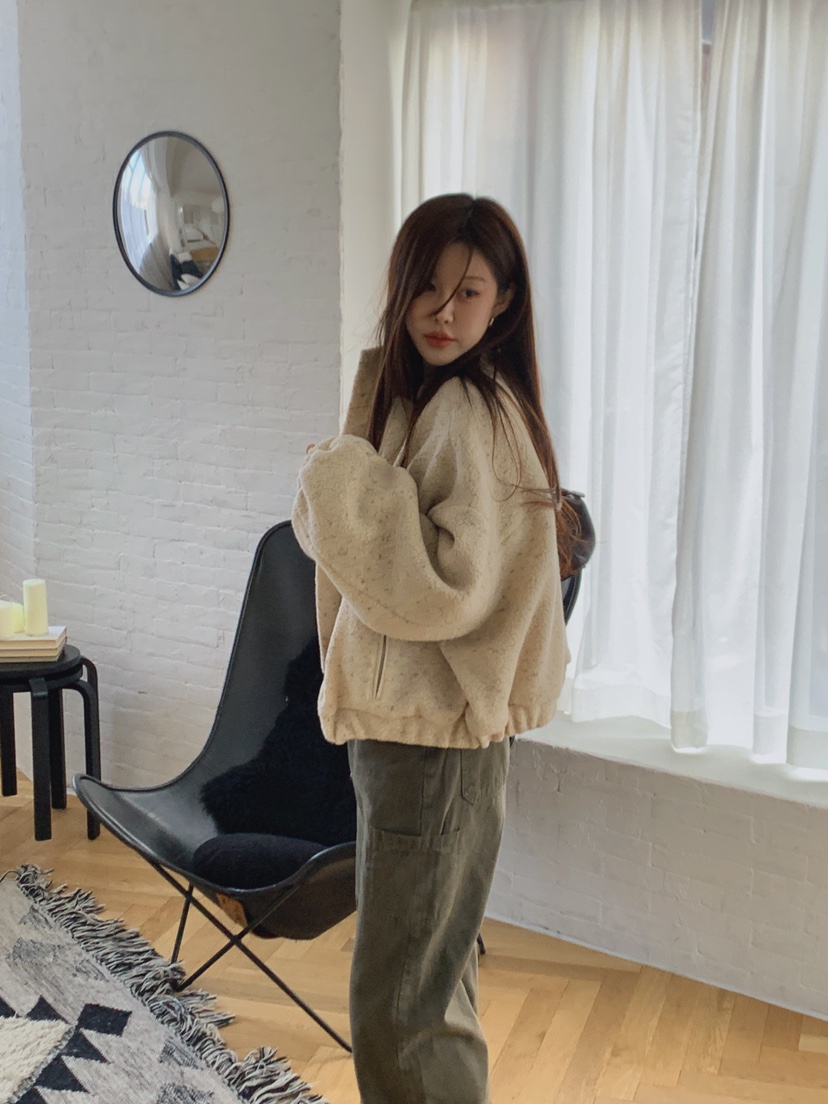 LA CREME韓國代購26秋冬立領羊羔毛短款夾克口袋立領落肩寬松LA CREME夾克