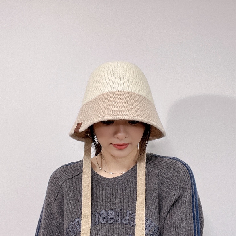 LOVELY HAT韓國代購26秋冬針織系帶拼色漁夫帽帽子系帶LOVELY HAT帽子