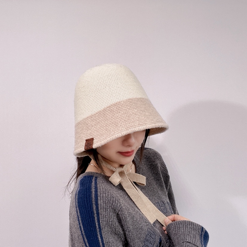 LOVELY HAT韓國代購26秋冬針織系帶拼色漁夫帽帽子系帶LOVELY HAT帽子