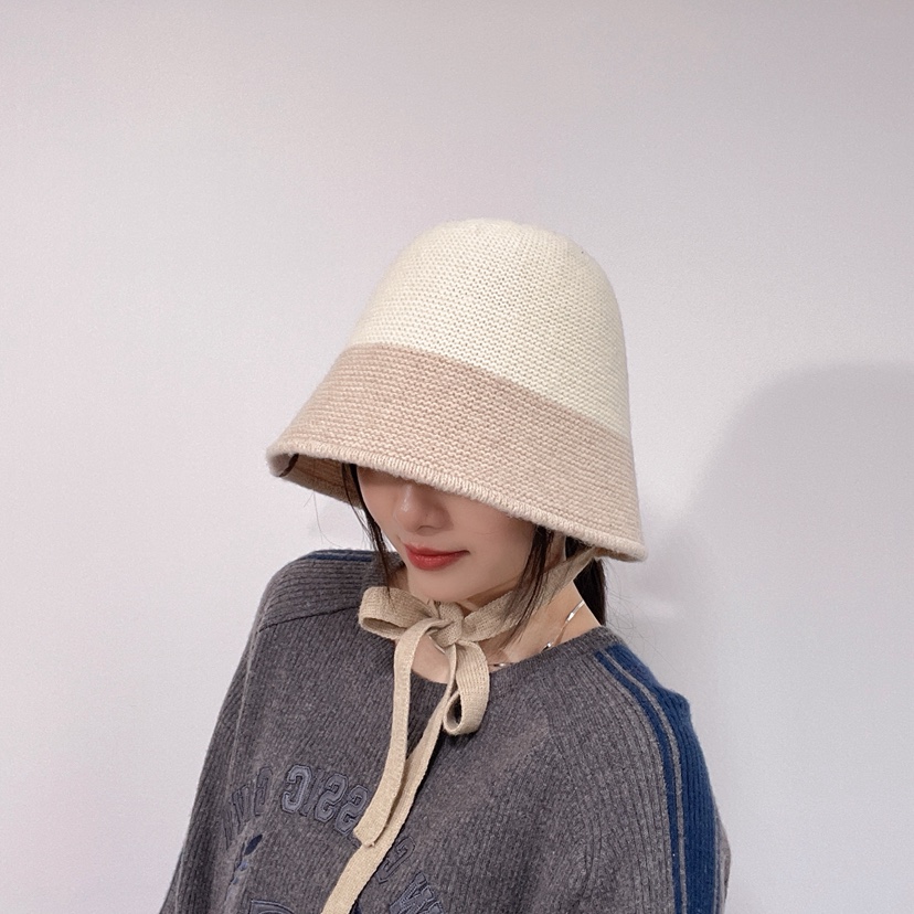 LOVELY HAT韓國代購26秋冬針織系帶拼色漁夫帽帽子系帶LOVELY HAT帽子