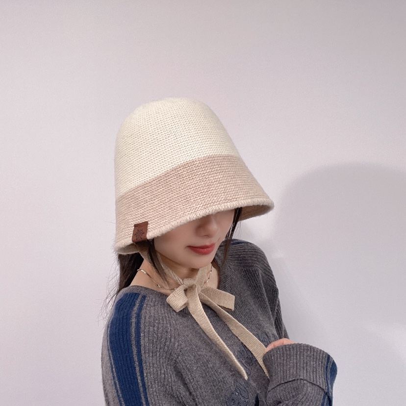 LOVELY HAT韓國代購26秋冬針織系帶拼色漁夫帽帽子系帶LOVELY HAT帽子