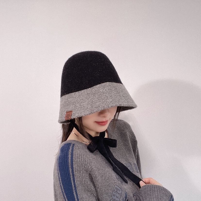 LOVELY HAT韓國代購26秋冬針織系帶拼色漁夫帽帽子系帶LOVELY HAT帽子