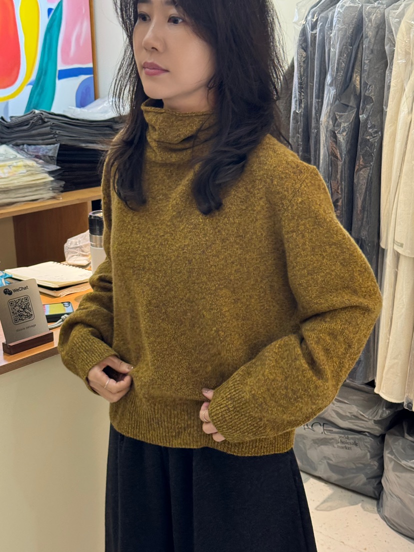 Weave Selvage韓國直郵26秋冬堆堆領軟糯針織衫落肩寬松羅紋Weave Selvage針織衫