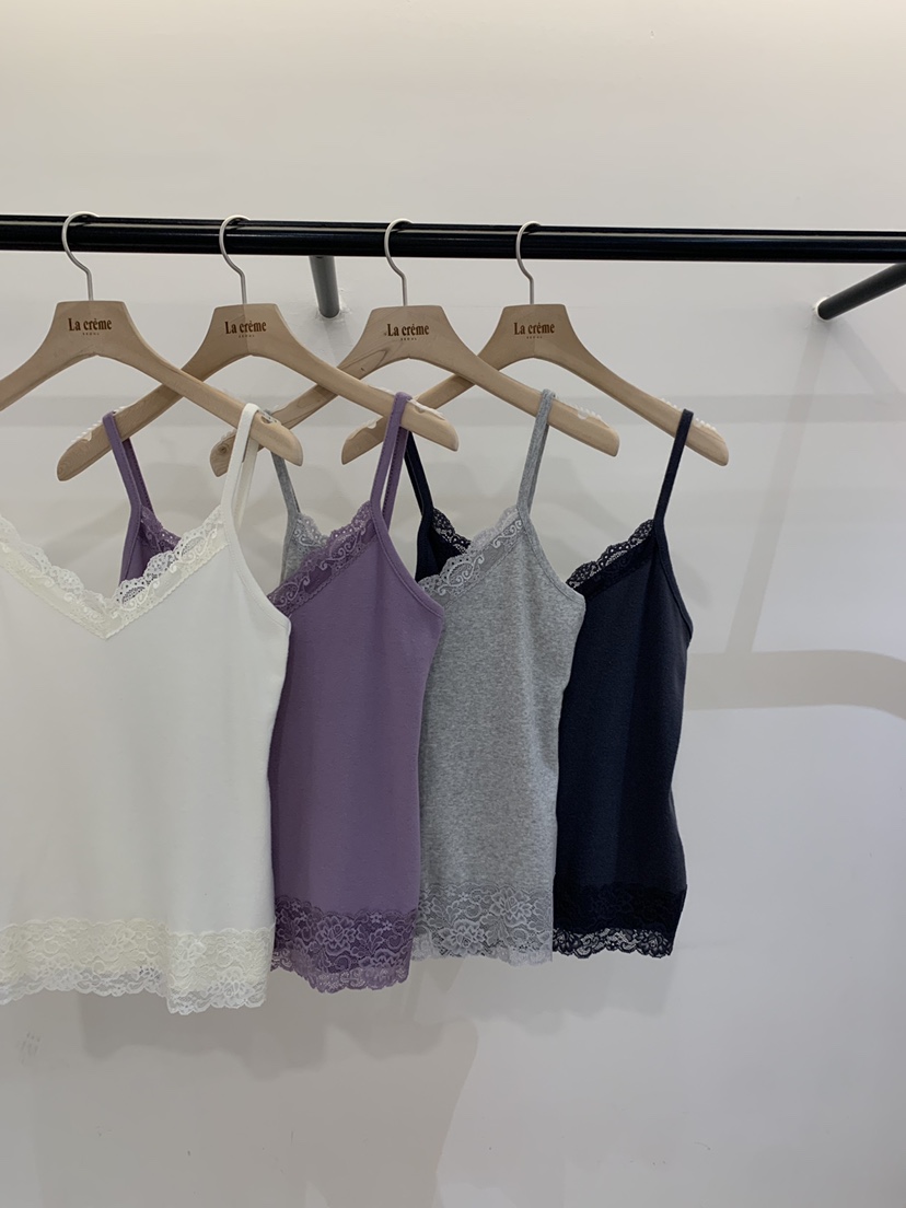 LA CREME韓國代購26秋冬蕾絲V領磨毛吊帶背心拼接蕾絲花邊V領LA CREME吊帶/背心