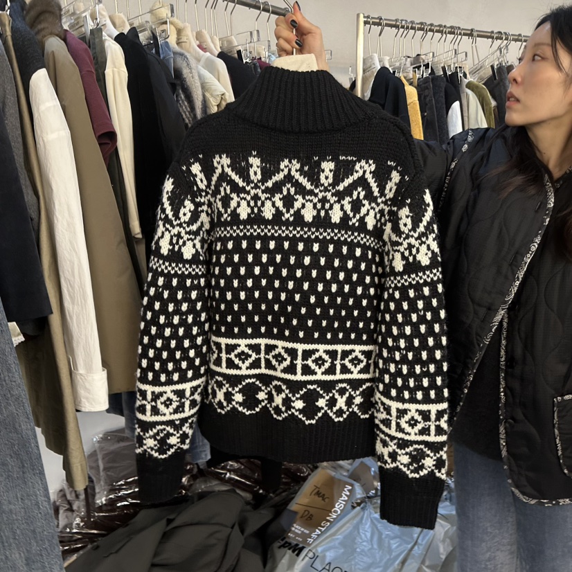 MAISONSTAFF東大門實拍26秋冬立領提花針織開衫拉鏈開合北歐立MAISONSTAFF開衫