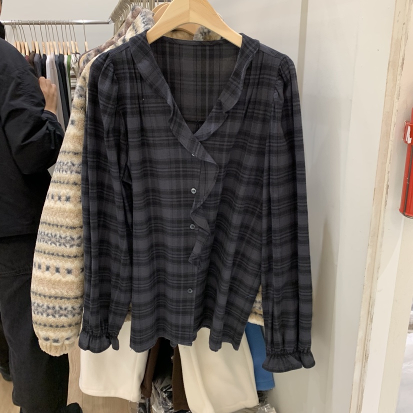 HOUSE OF/DE MERRY韓國直郵26秋冬格紋荷葉邊襯衫蕾絲衫荷葉邊HOUSE OF/DE MERRY襯衫/蕾絲衫圖色2