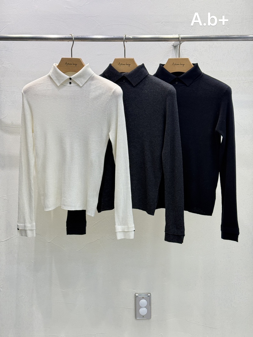 A.b+/AUTUMN BEIGE東大門實拍26秋冬翻領修身針織衫修身黑色翻A.b+/AUTUMN BEIGE針織衫